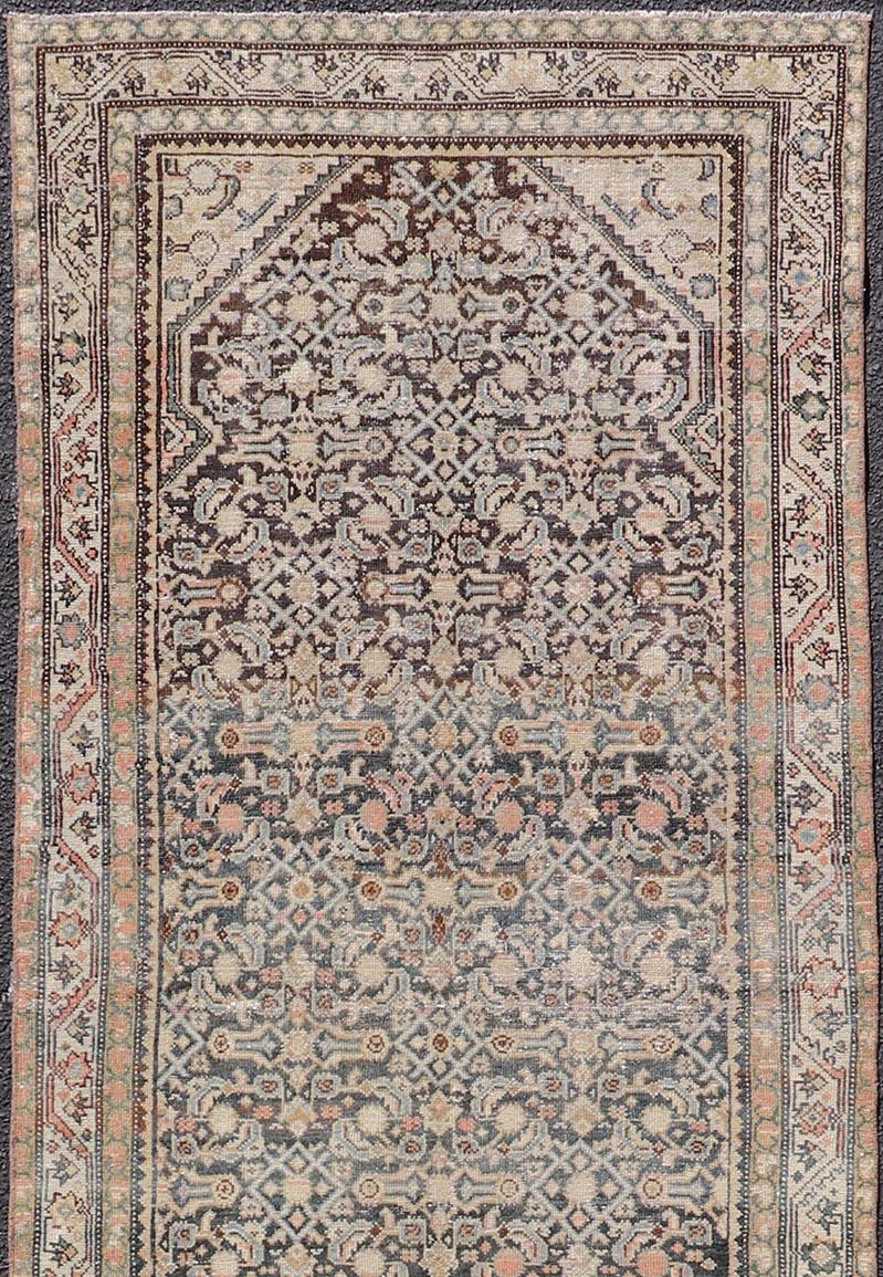 Malayer Antique Persian Hamedan Runner with Sub-Geometric Design in Gray and Cream For Sale