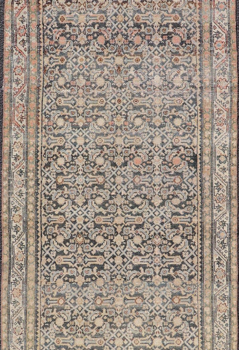 Hand-Knotted Antique Persian Hamedan Runner with Sub-Geometric Design in Gray and Cream For Sale