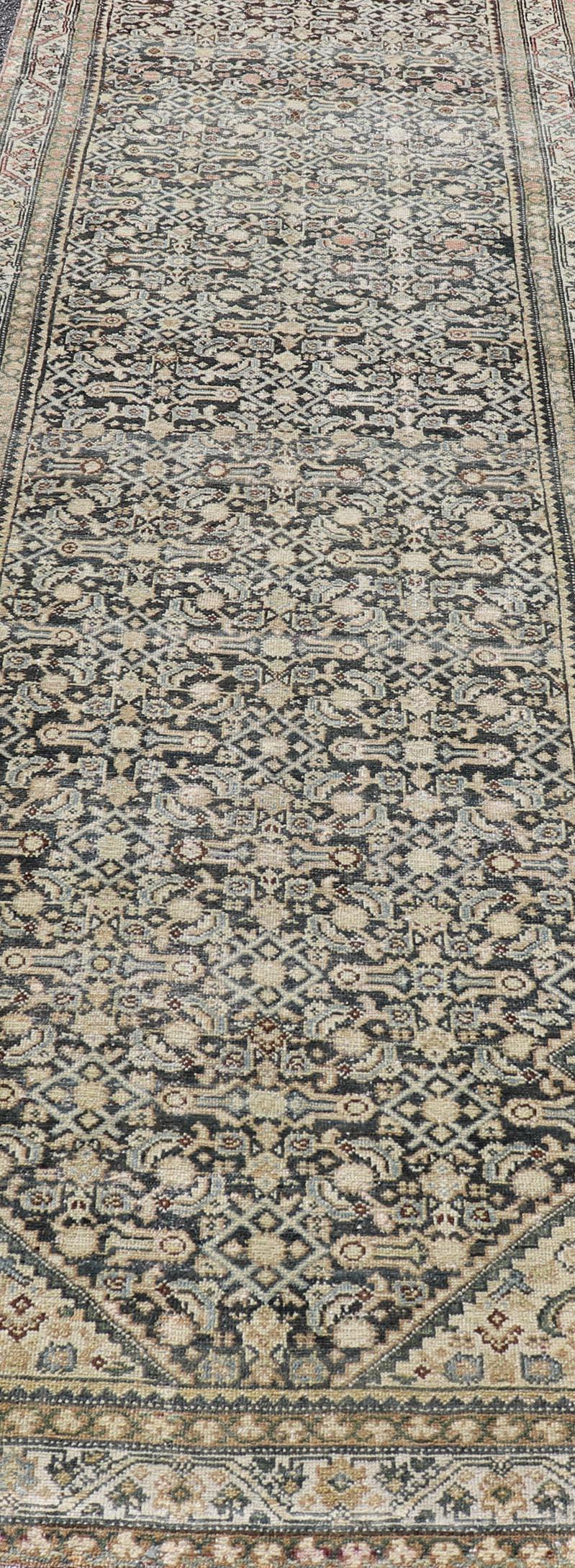 20th Century Antique Persian Hamedan Runner with Sub-Geometric Design in Gray and Cream For Sale