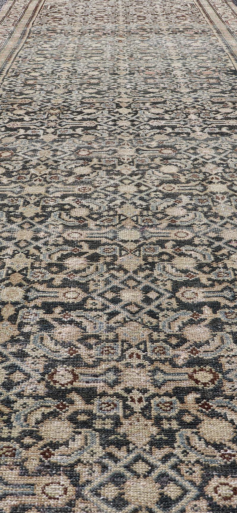 Wool Antique Persian Hamedan Runner with Sub-Geometric Design in Gray and Cream For Sale