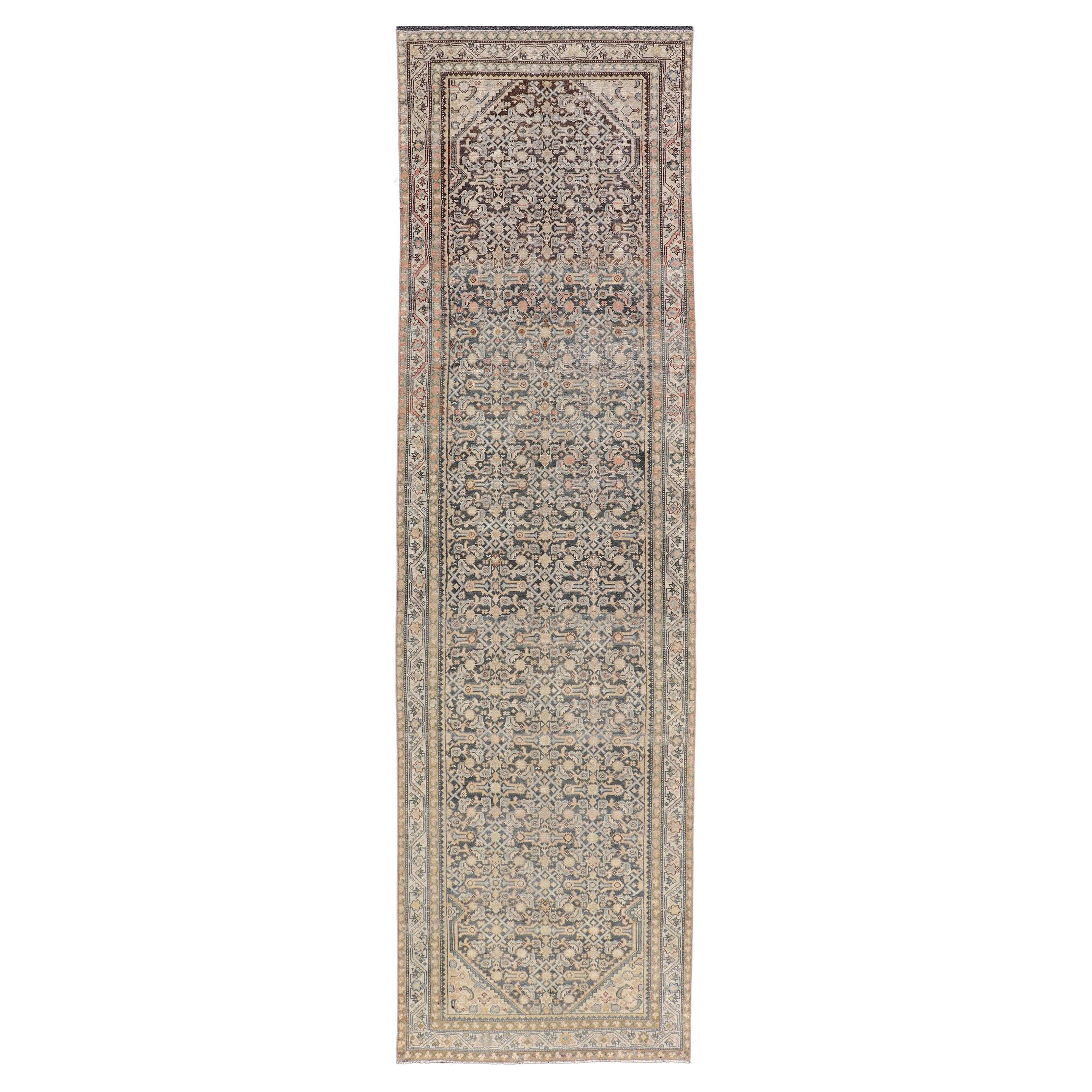 Antique Persian Hamedan Runner with Sub-Geometric Design in Gray and Cream For Sale