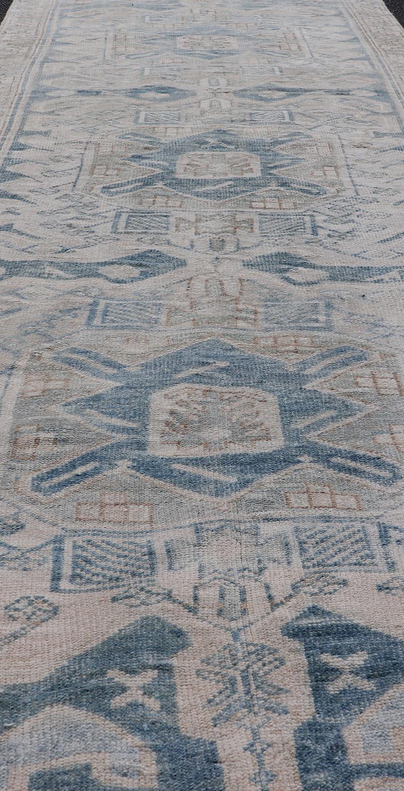 Antique Persian Hamedan Runner with Sub-Geometric Design in Soft Blue, and Cream 3