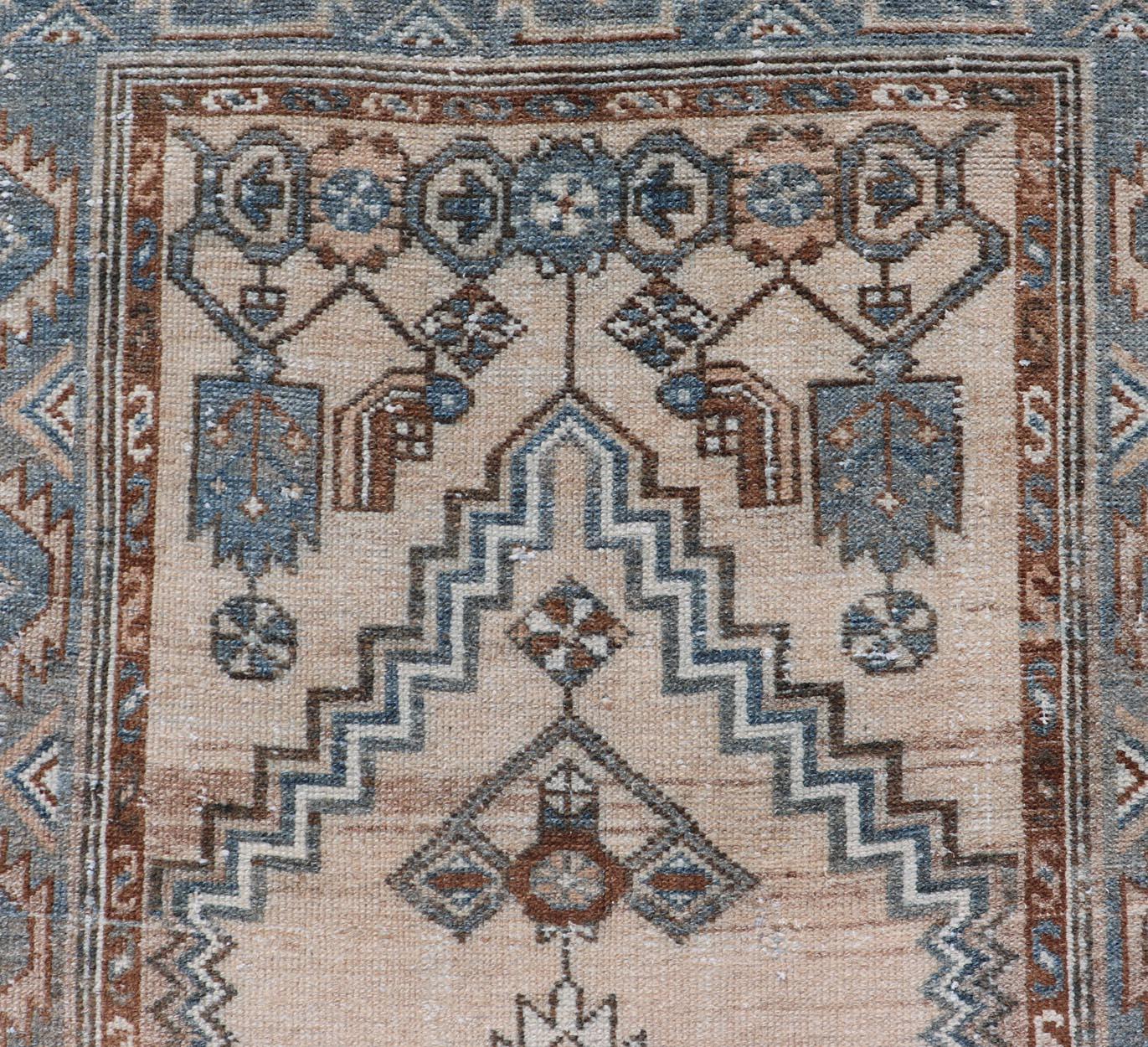 Malayer Antique Persian Hamedan Runner with Sub-Geometric Design in Soft Blue and Cream For Sale