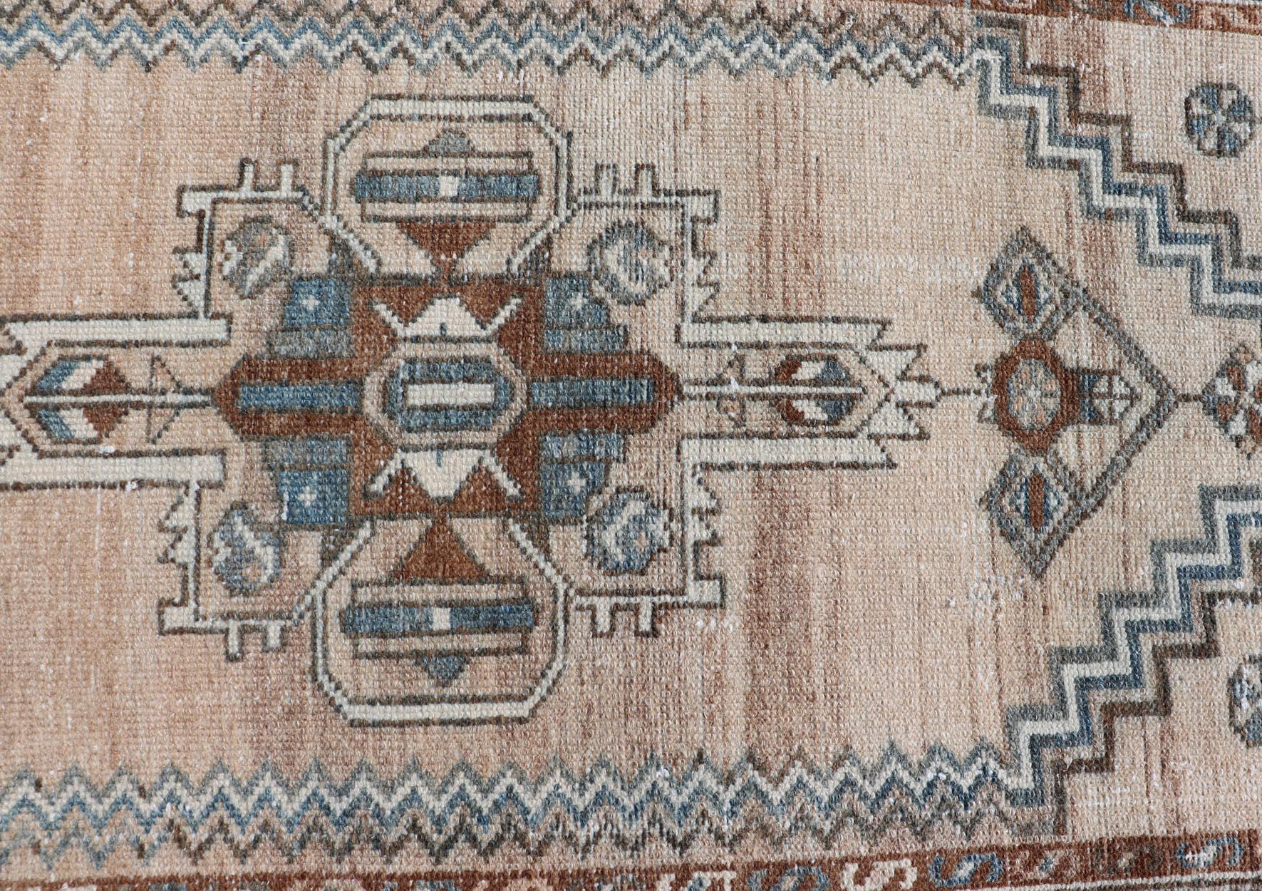 Hand-Knotted Antique Persian Hamedan Runner with Sub-Geometric Design in Soft Blue and Cream For Sale