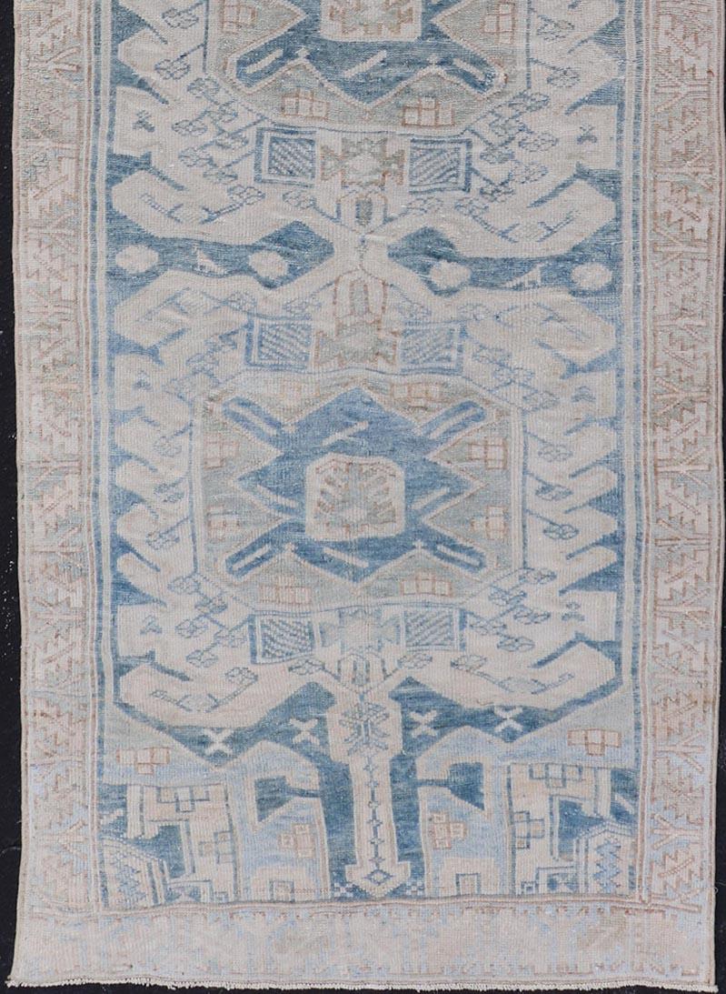 Hand-Knotted Antique Persian Hamedan Runner with Sub-Geometric Design in Soft Blue, and Cream
