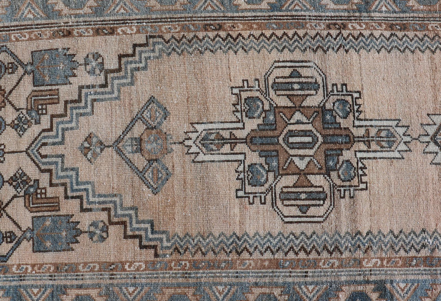 Antique Persian Hamedan Runner with Sub-Geometric Design in Soft Blue and Cream In Good Condition For Sale In Atlanta, GA