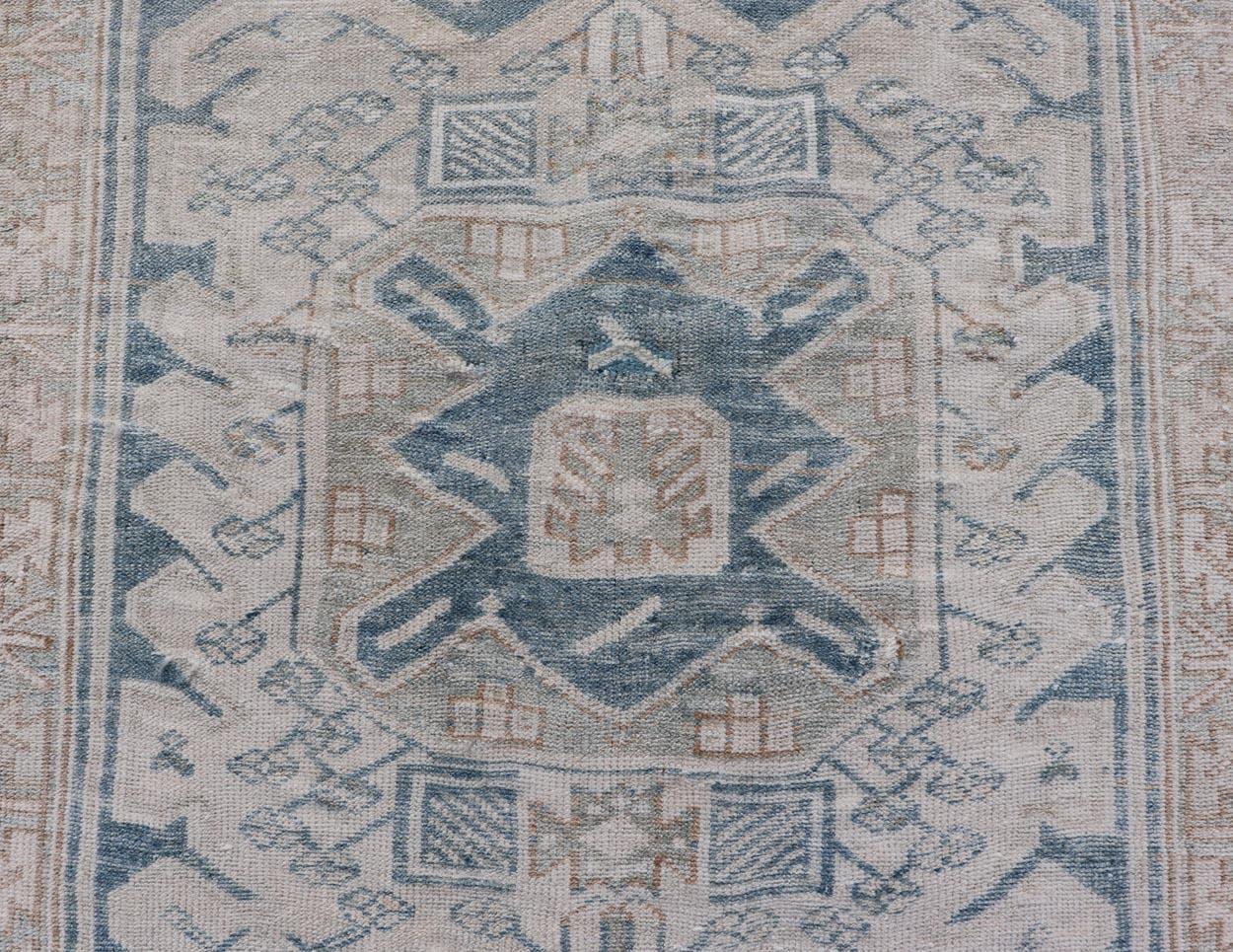 Antique Persian Hamedan Runner with Sub-Geometric Design in Soft Blue, and Cream In Good Condition In Atlanta, GA