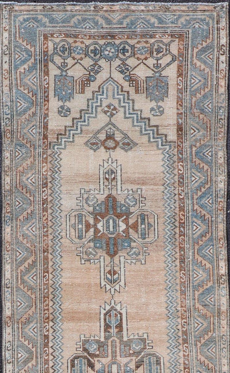 20th Century Antique Persian Hamedan Runner with Sub-Geometric Design in Soft Blue and Cream For Sale