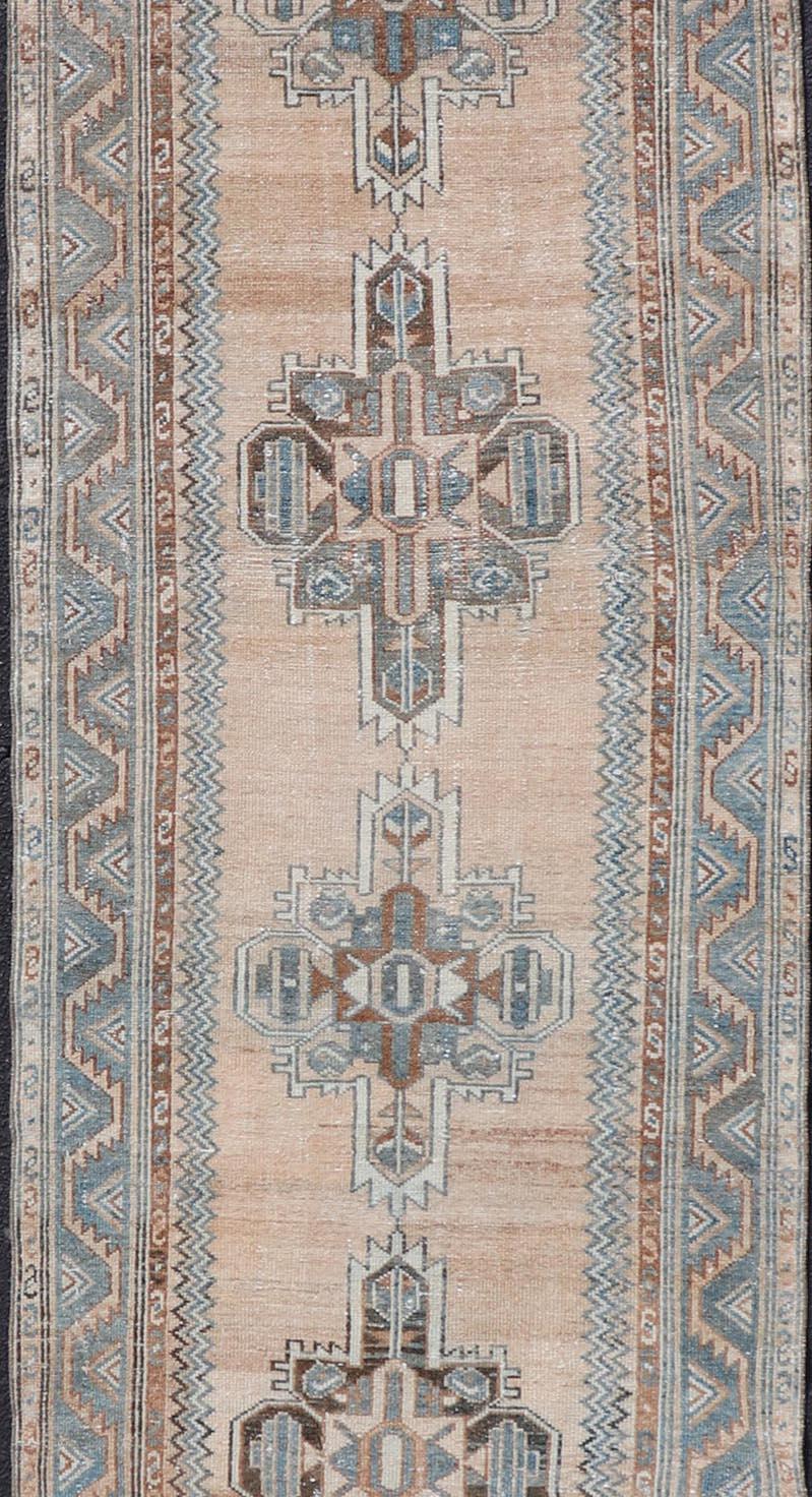 Wool Antique Persian Hamedan Runner with Sub-Geometric Design in Soft Blue and Cream For Sale
