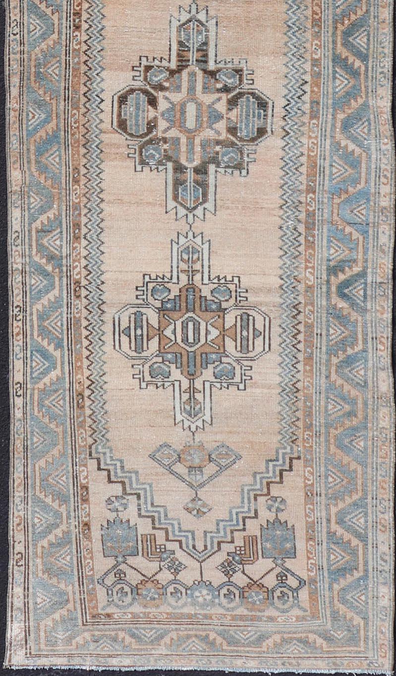 Antique Persian Hamedan Runner with Sub-Geometric Design in Soft Blue and Cream For Sale 1