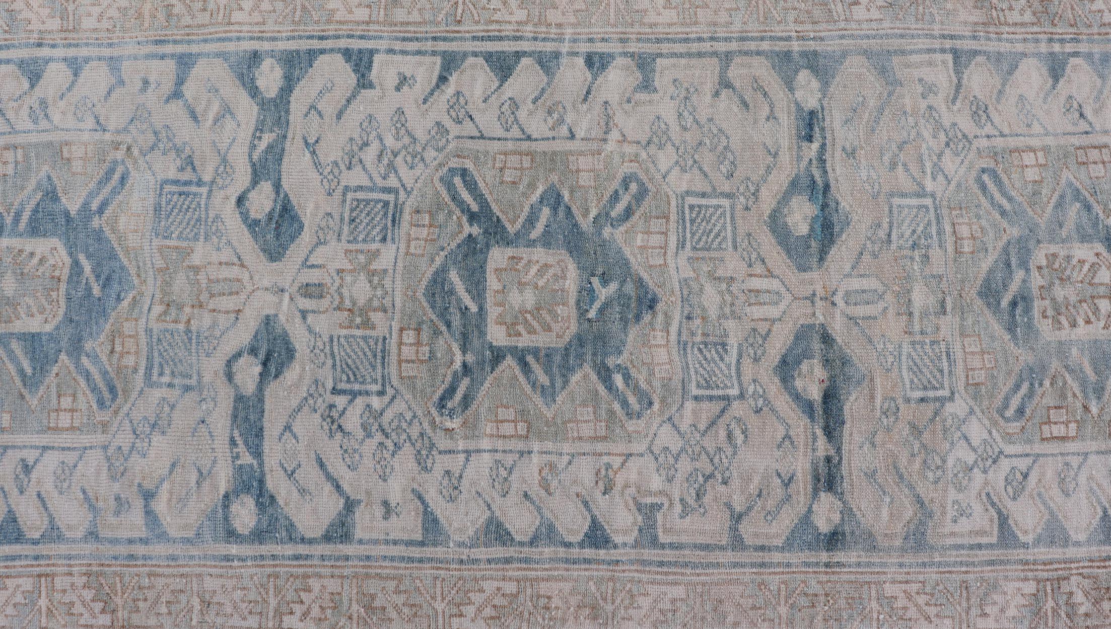 Antique Persian Hamedan Runner with Sub-Geometric Design in Soft Blue, and Cream 1