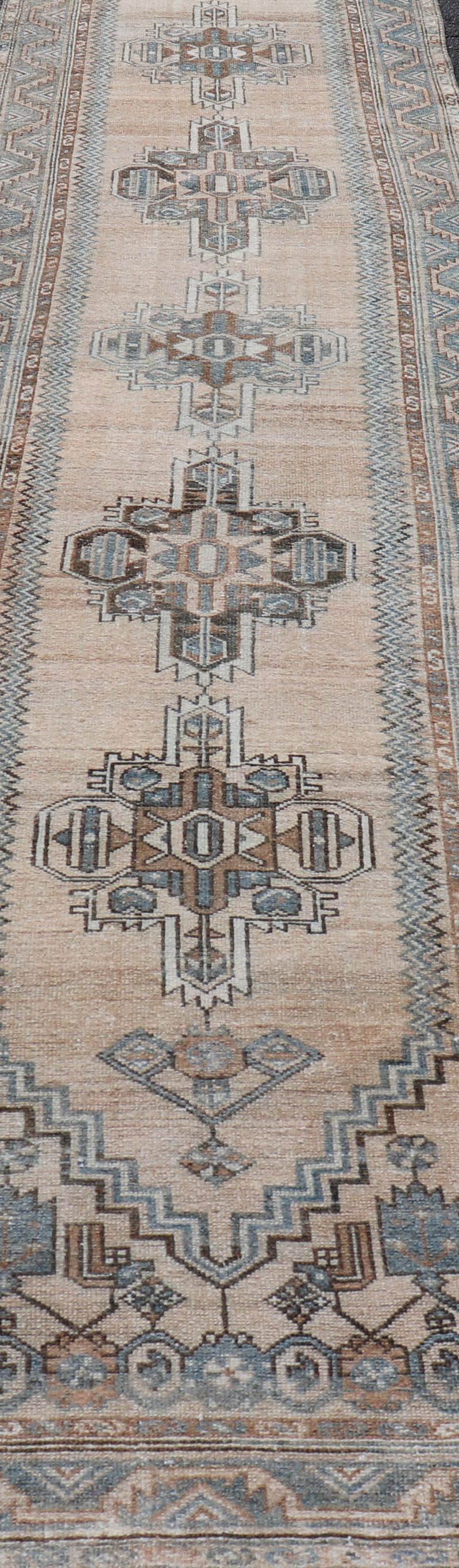 Antique Persian Hamedan Runner with Sub-Geometric Design in Soft Blue and Cream For Sale 2