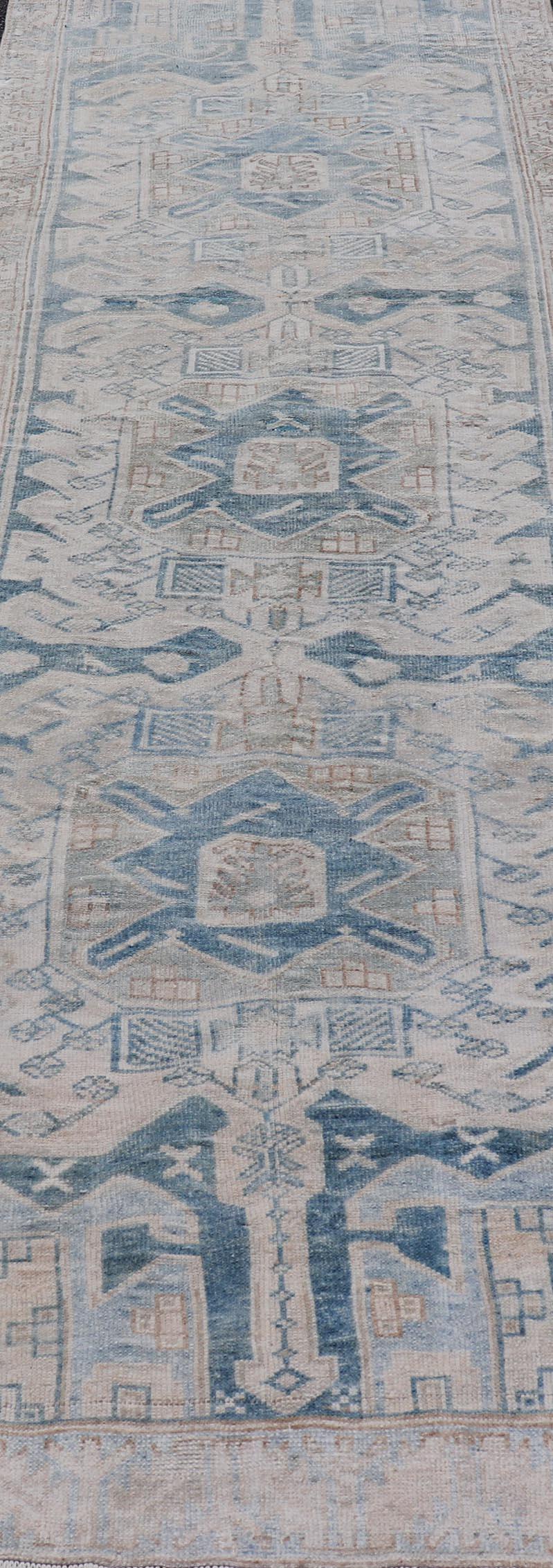 Antique Persian Hamedan Runner with Sub-Geometric Design in Soft Blue, and Cream 2