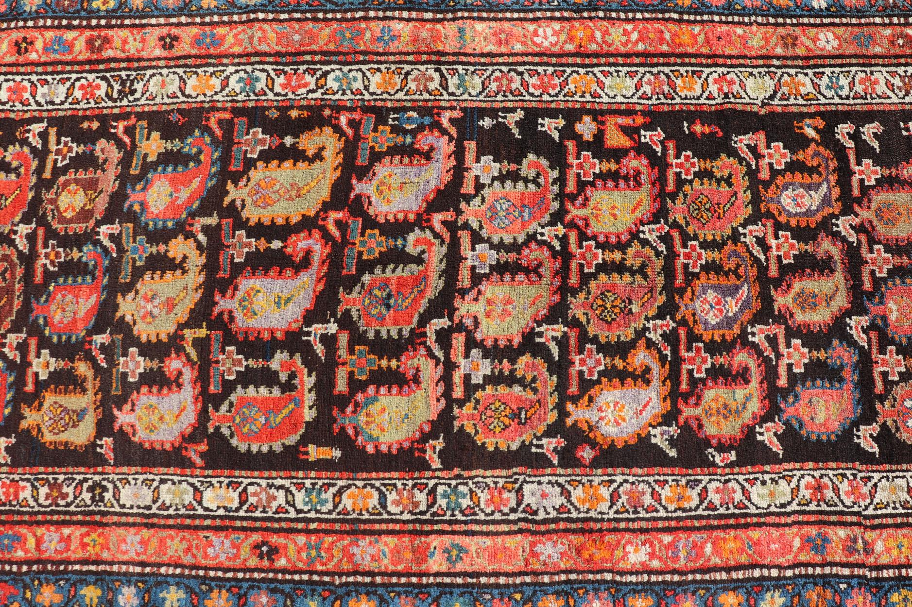 Antique Persian Hamadan runner with sub-geometric design of paisleys. 
Keivan Woven Arts / rug EMB-9690-P13885, country of origin / type: Iran / Hamadan, circa 1920

Measures: 3'8 x 13.