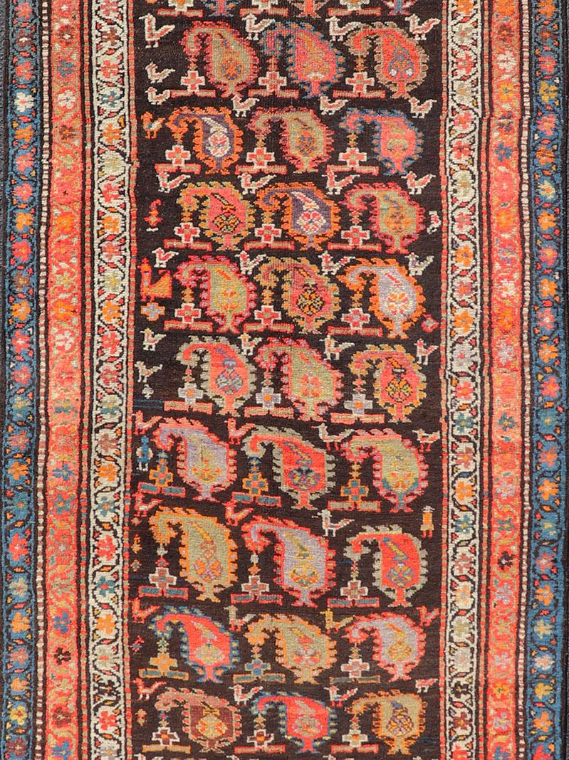 Hand-Knotted Antique Persian Hamadan Runner with Sub-Geometric Design of Paisleys For Sale