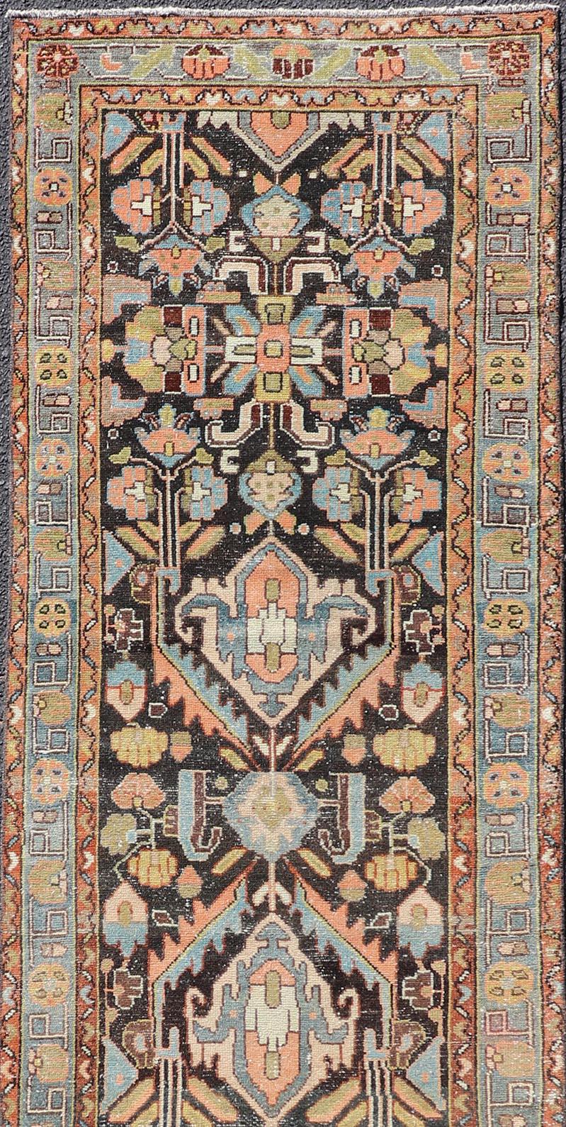Hand-Knotted Antique Persian Hamedan Runner With Tribal Motifs in Pastel Colors For Sale