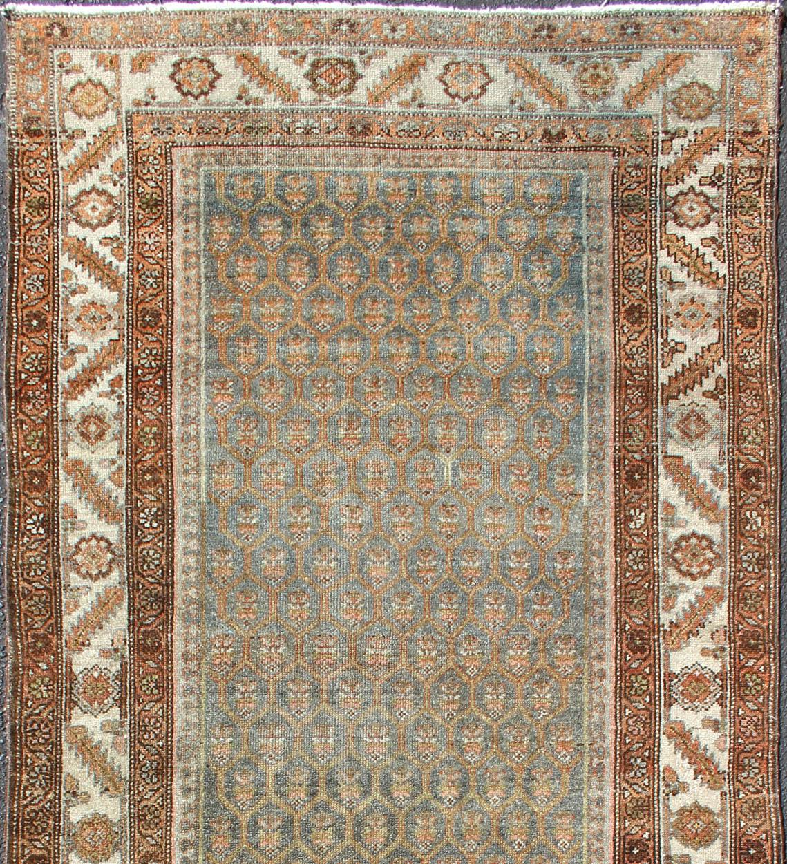 Tribal Antique Persian Hamedan Wide Runner with All-Over Design in Unique Color Tone