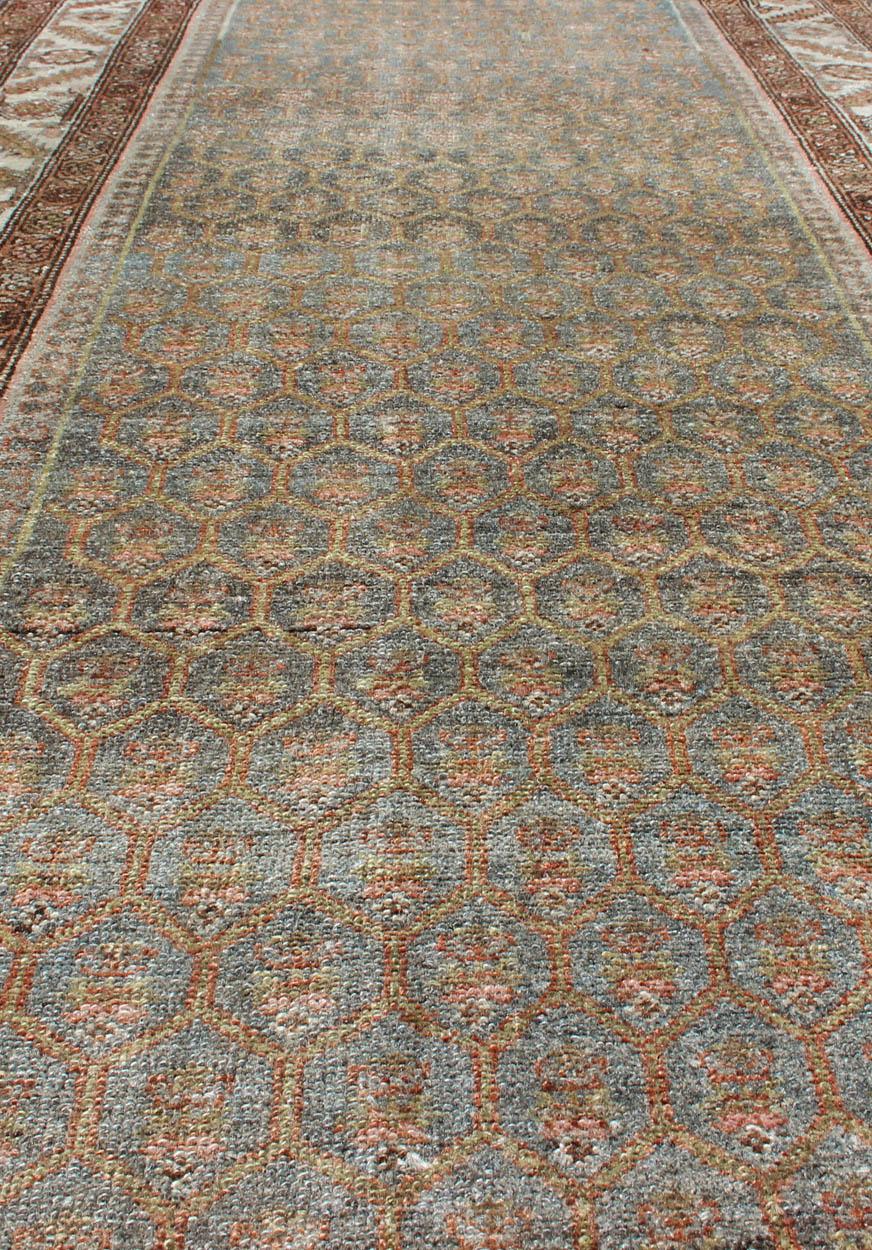 Antique Persian Hamedan Wide Runner with All-Over Design in Unique Color Tone In Good Condition In Atlanta, GA