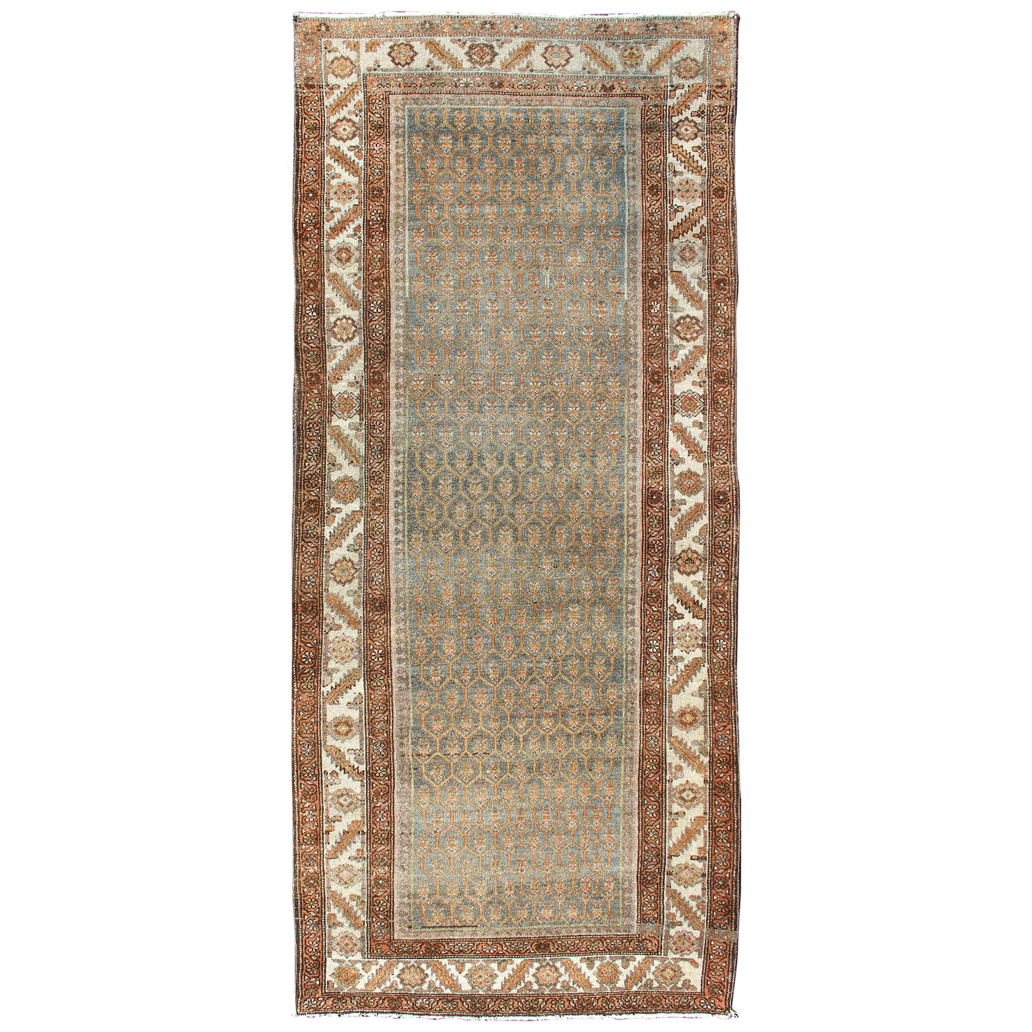 Antique Persian Hamedan Wide Runner with All-Over Design in Unique Color Tone