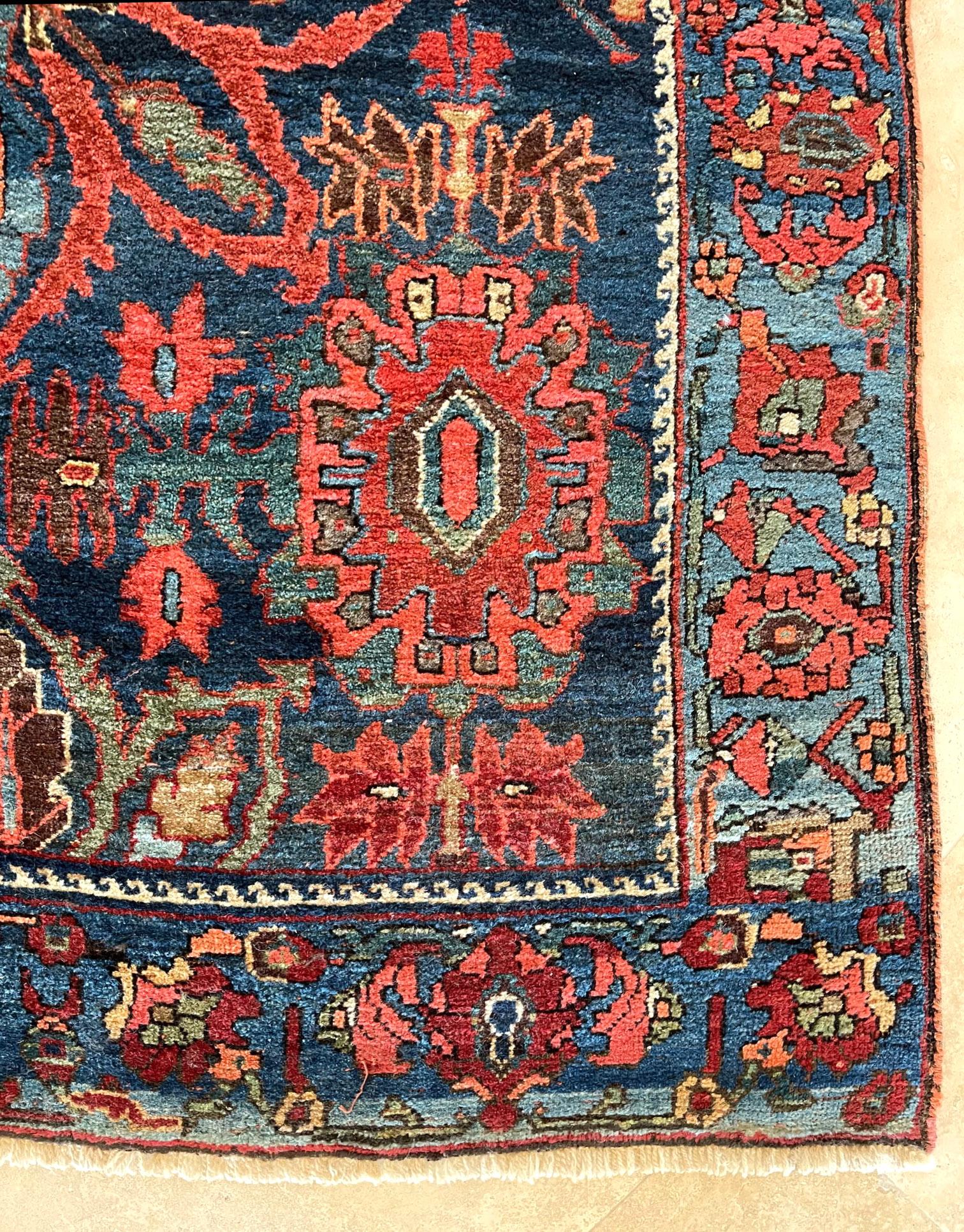 Wool Antique Persian Hand Knotted Blue Semi Floral Bijar Bidjar Rug 1920 Circa