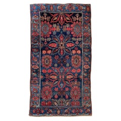 Antique Persian Hand Knotted Blue Semi Floral Bijar Bidjar Rug 1920 Circa