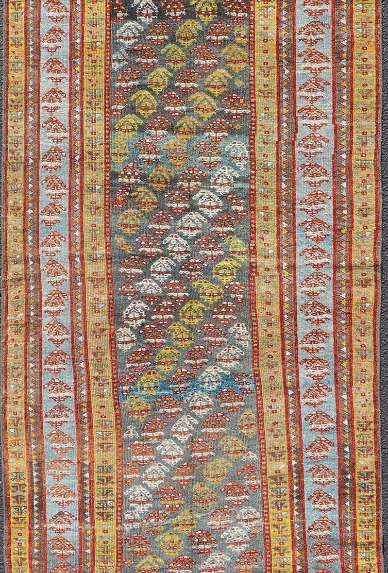 Tribal Antique Persian Hand-Knotted Kurdish Runner in Wool with Sub-Geometric Design For Sale