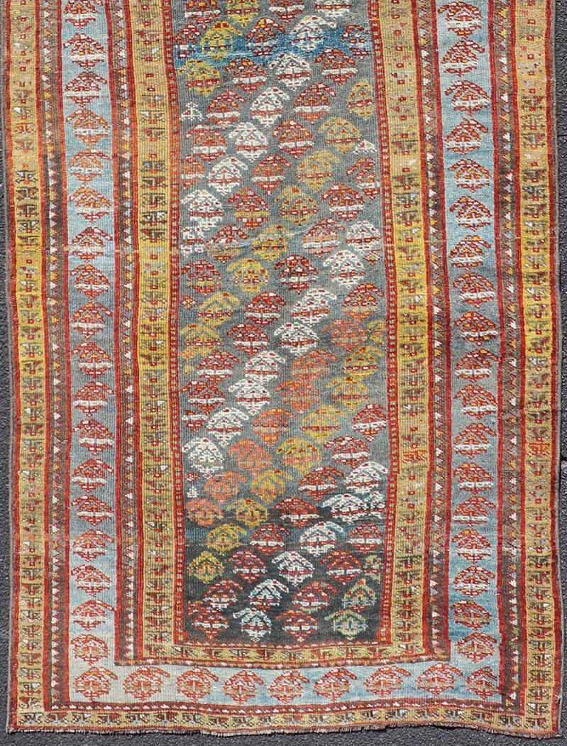 Antique Persian Hand-Knotted Kurdish Runner in Wool with Sub-Geometric Design In Good Condition For Sale In Atlanta, GA