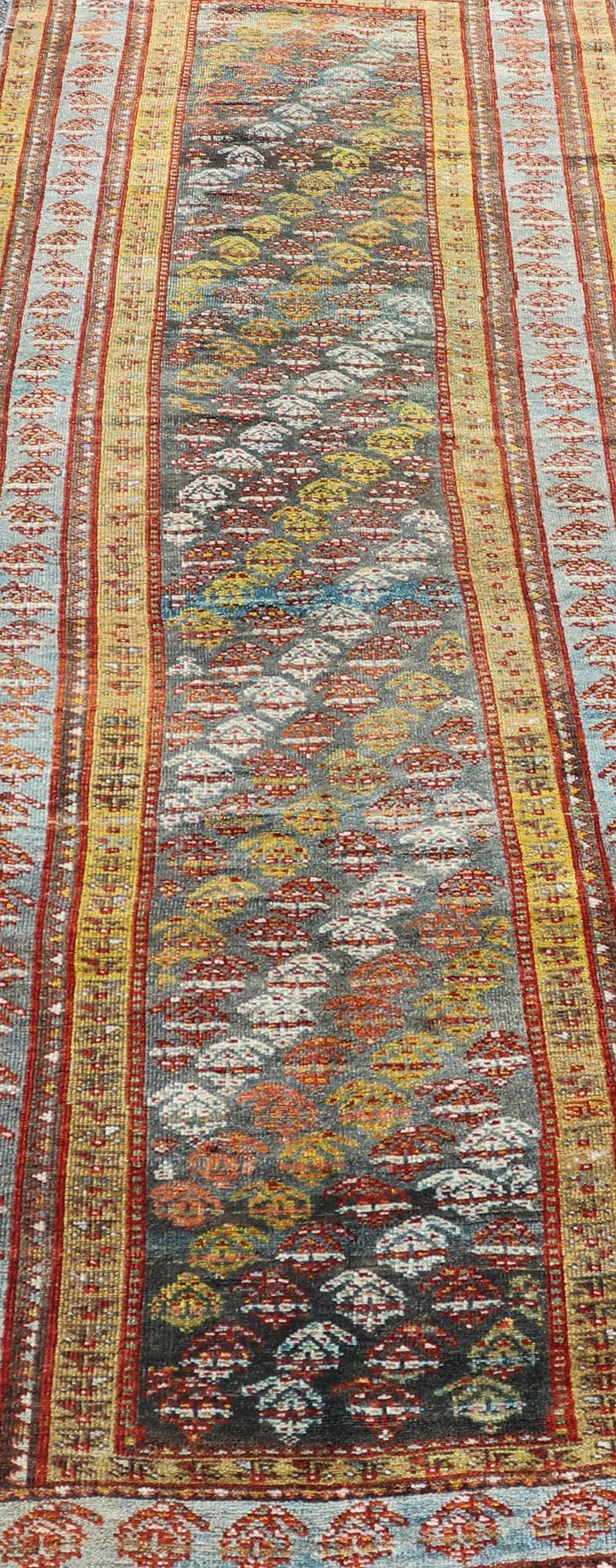 20th Century Antique Persian Hand-Knotted Kurdish Runner in Wool with Sub-Geometric Design For Sale