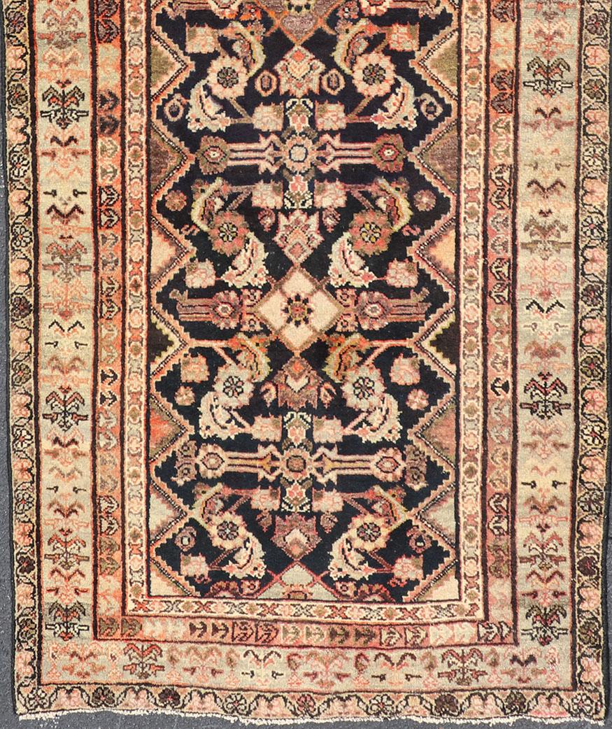 Sultanabad Antique Persian Hand Knotted Mahal Runner In Dark Background and Light Border For Sale