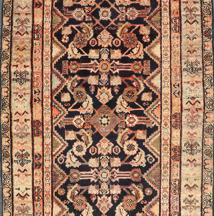 Hand-Knotted Antique Persian Hand Knotted Mahal Runner In Dark Background and Light Border For Sale