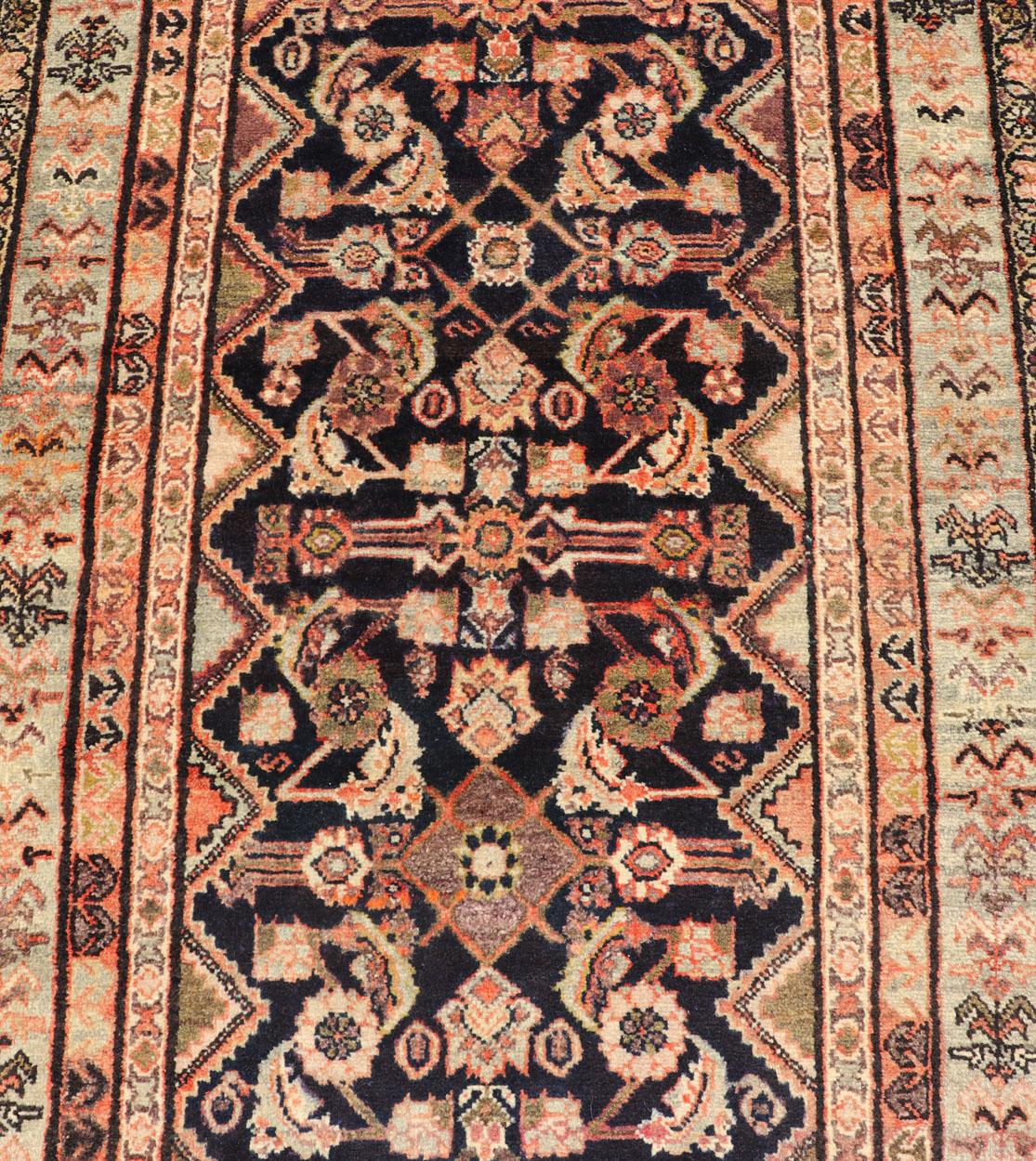 Wool Antique Persian Hand Knotted Mahal Runner In Dark Background and Light Border For Sale