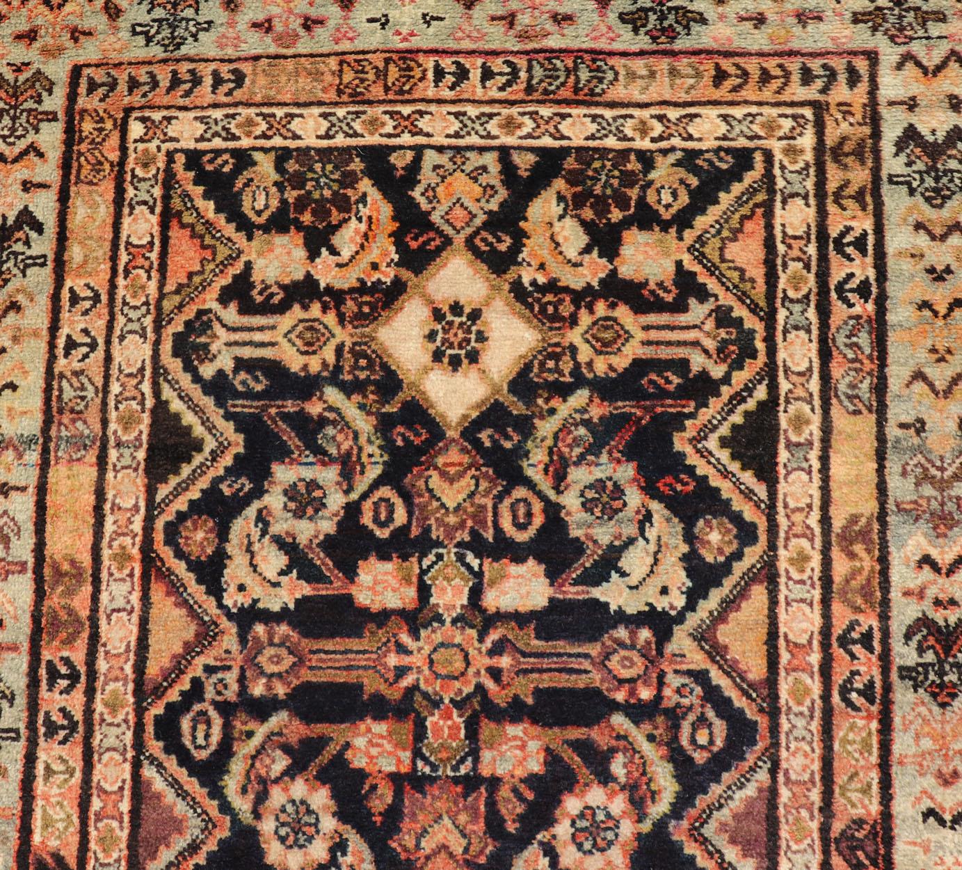 Antique Persian Hand Knotted Mahal Runner In Dark Background and Light Border For Sale 1