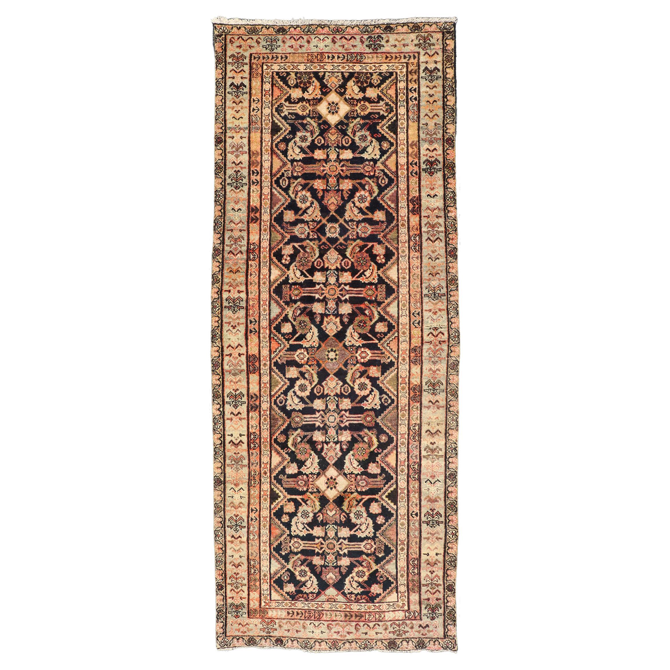 Antique Persian Hand Knotted Mahal Runner In Dark Background and Light Border For Sale