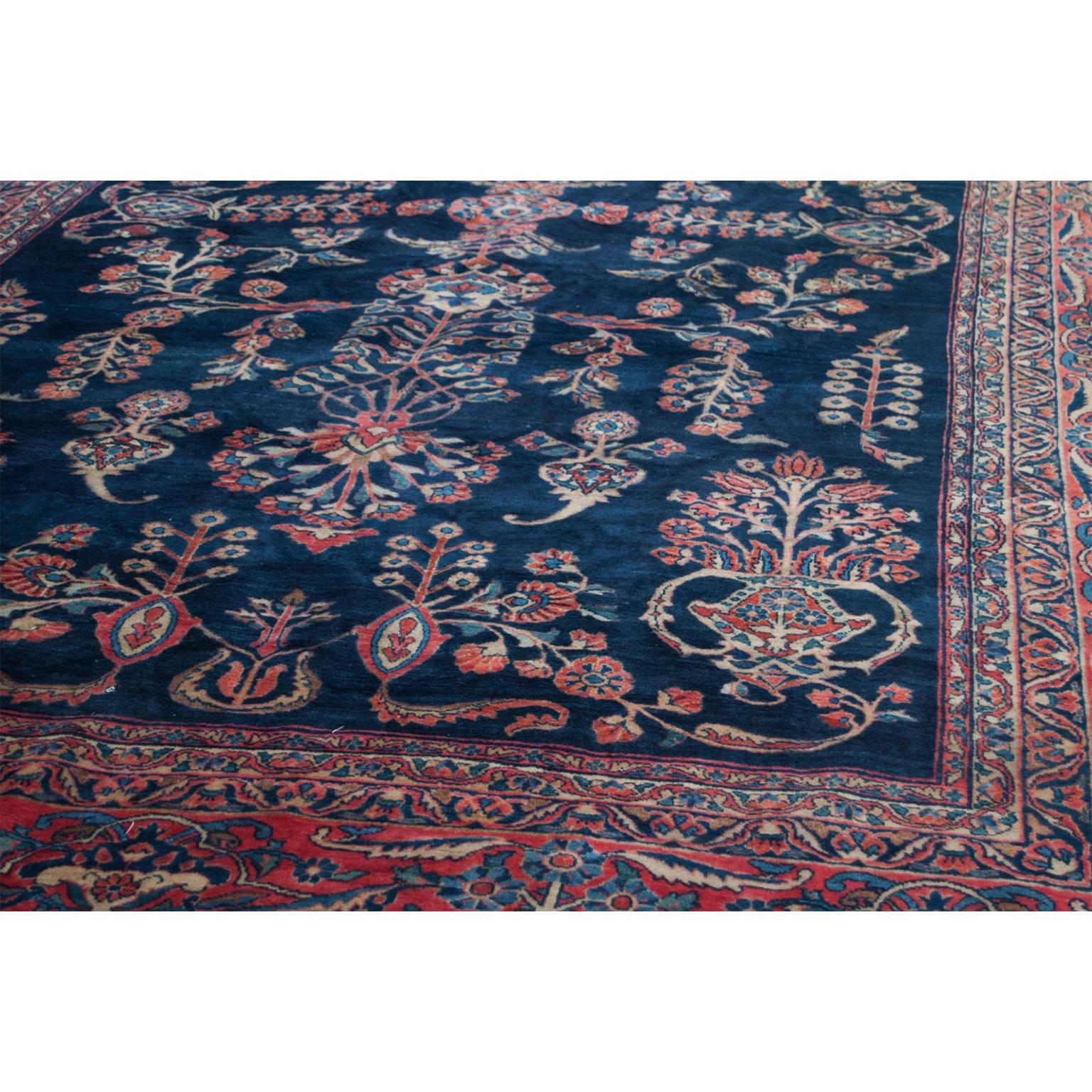 Known for their exceptional quality and ability to withstand decades of wear, Sarouks continue to be a best seller of the Persian rugs. This is a good decorative example of Sarough carpet weaving. The formal design is typically seen, and the most