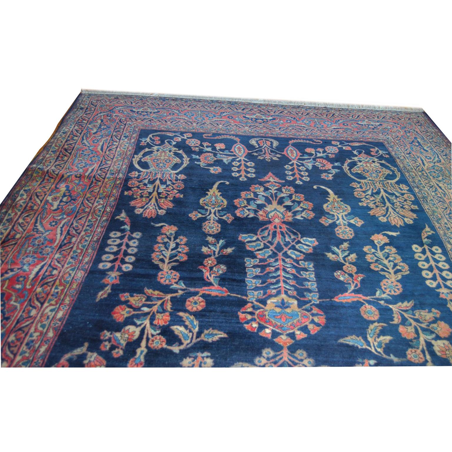 Antique Persian Hand Knotted Sarouk Blue Wool Area Rug Oriental vintage In Good Condition In Baltimore, MD