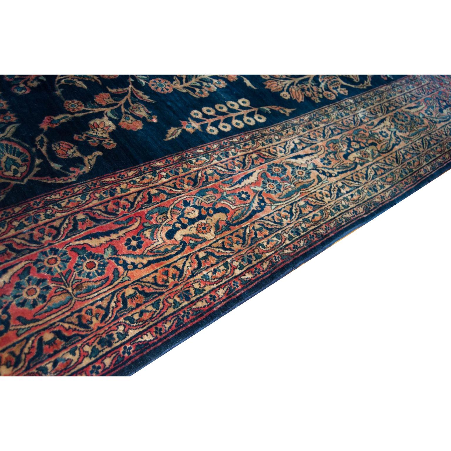 Mid-20th Century Antique Persian Hand Knotted Sarouk Blue Wool Area Rug Oriental vintage