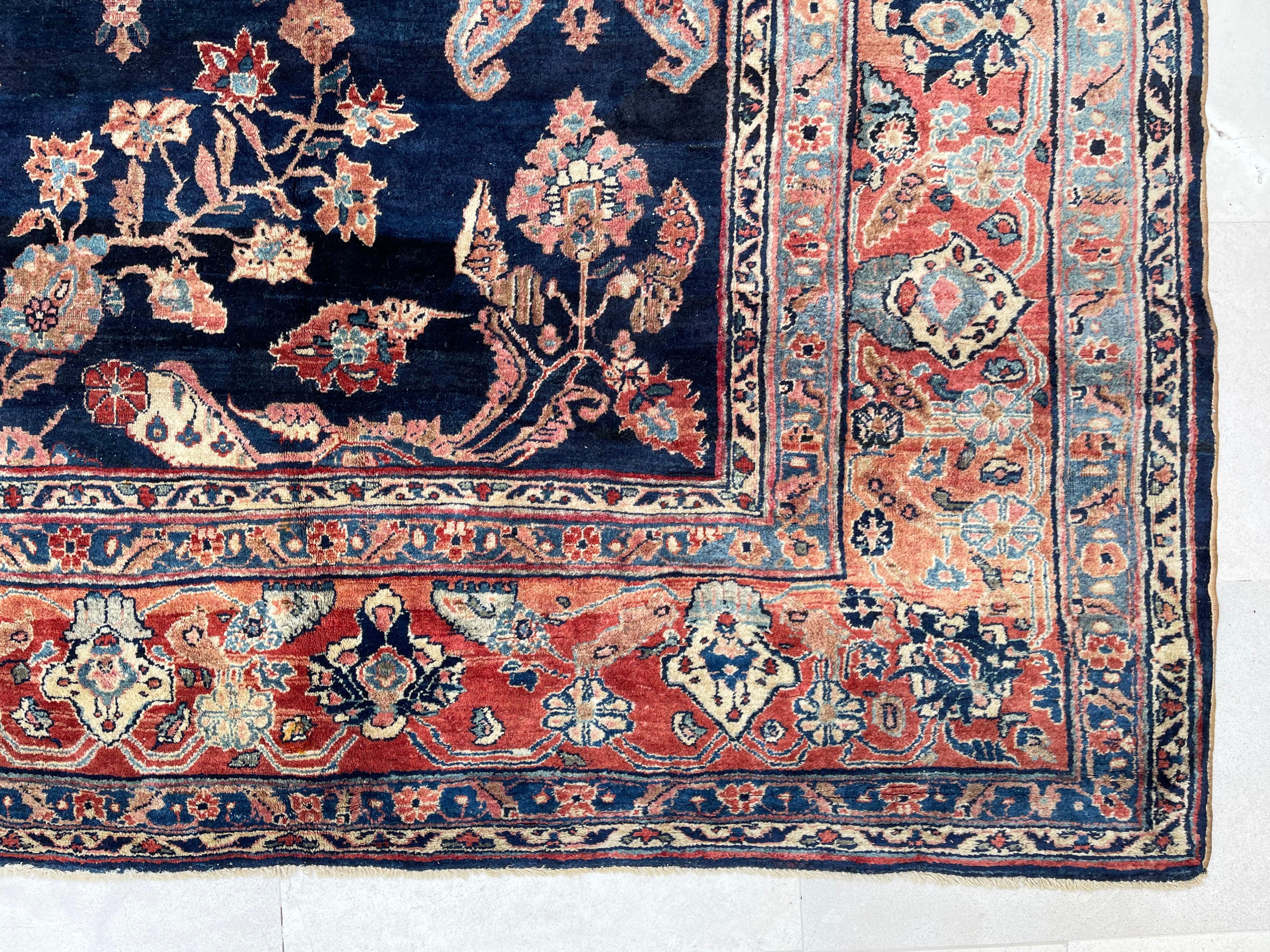 Antiker persischer handgeknüpfter, halb geblümter Sarouk-Teppich in Indigoblau, um 1920 im Angebot 5