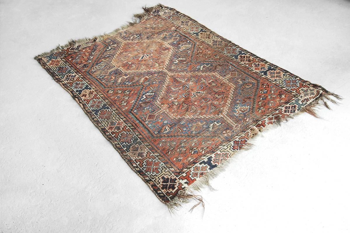 Tribal Antique Persian Handwoven Shiraz Carpet, 1850s For Sale