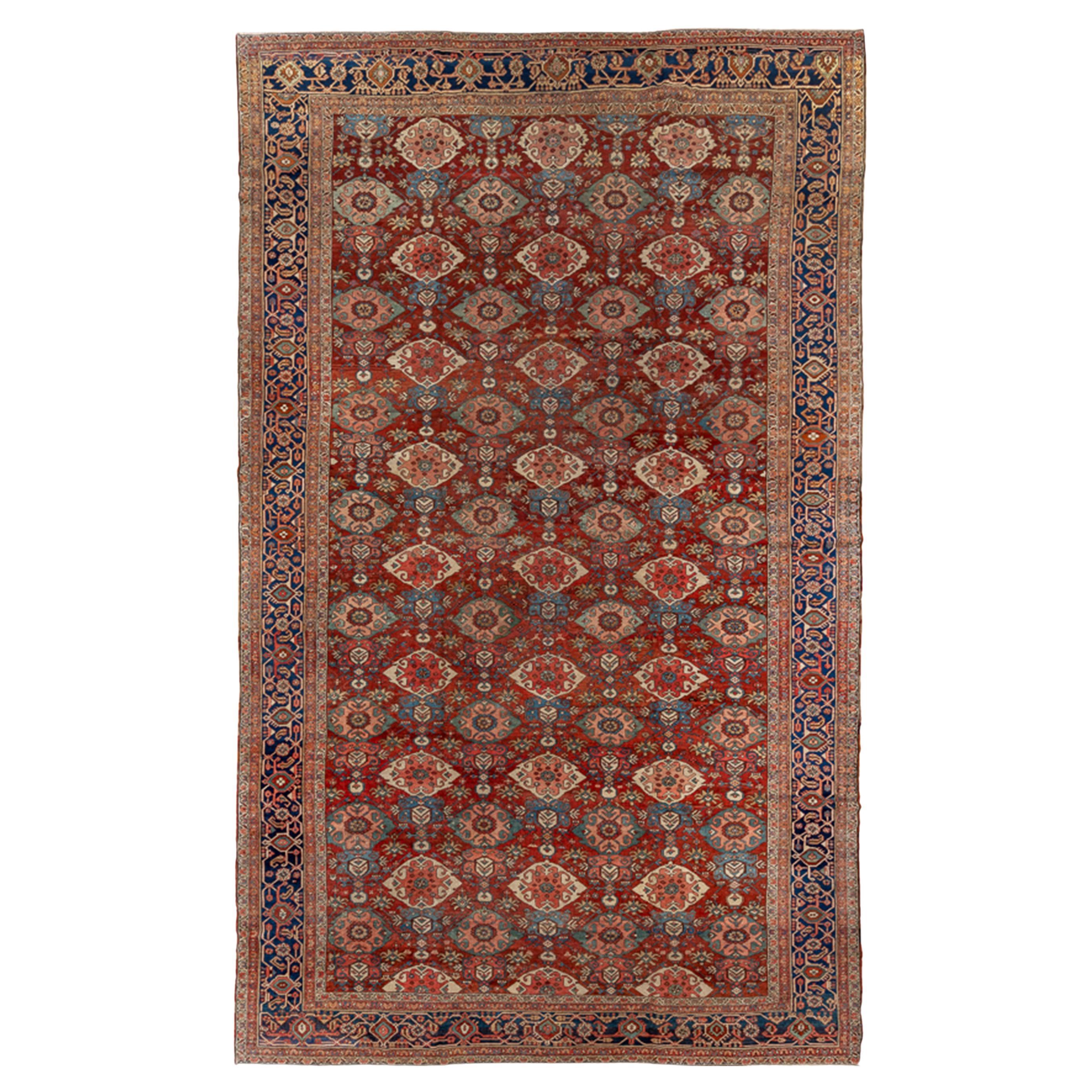 Antique Persian Handwoven Luxury Serap Rust/Navy Rug, 11'-5" X 18'-10" Size For Sale