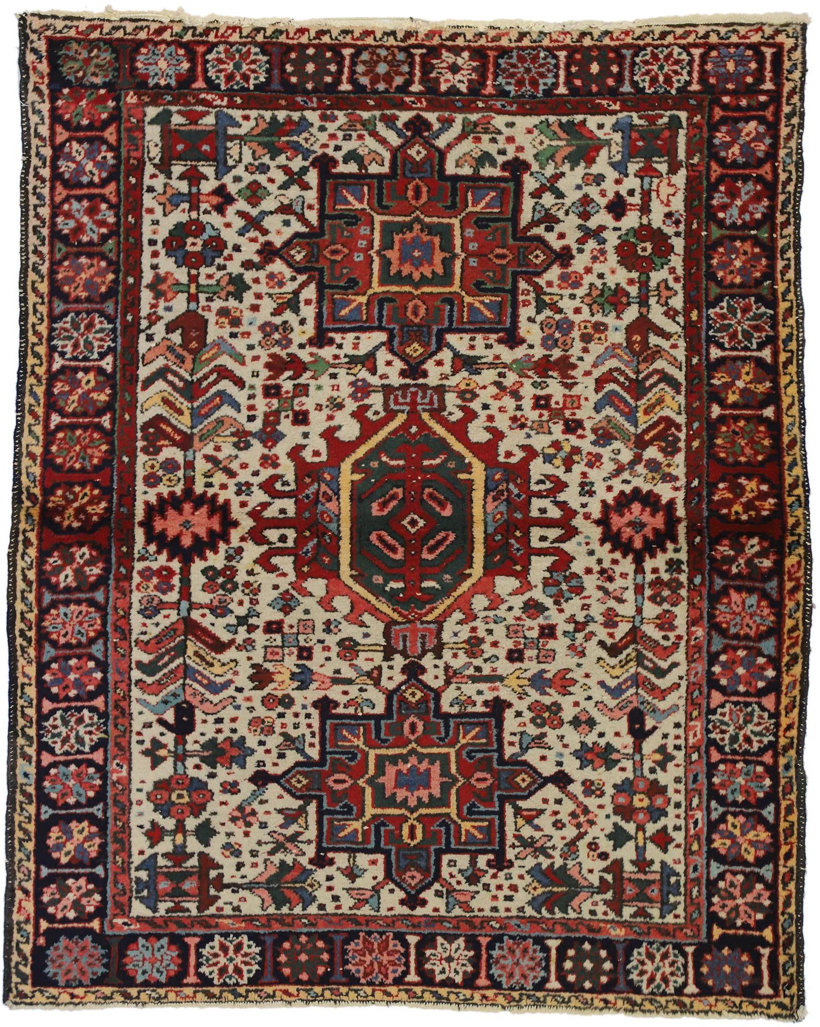 Antique Persian Heriz Karaja Rug with Mid-Century Modern Style, Accent Rug For Sale