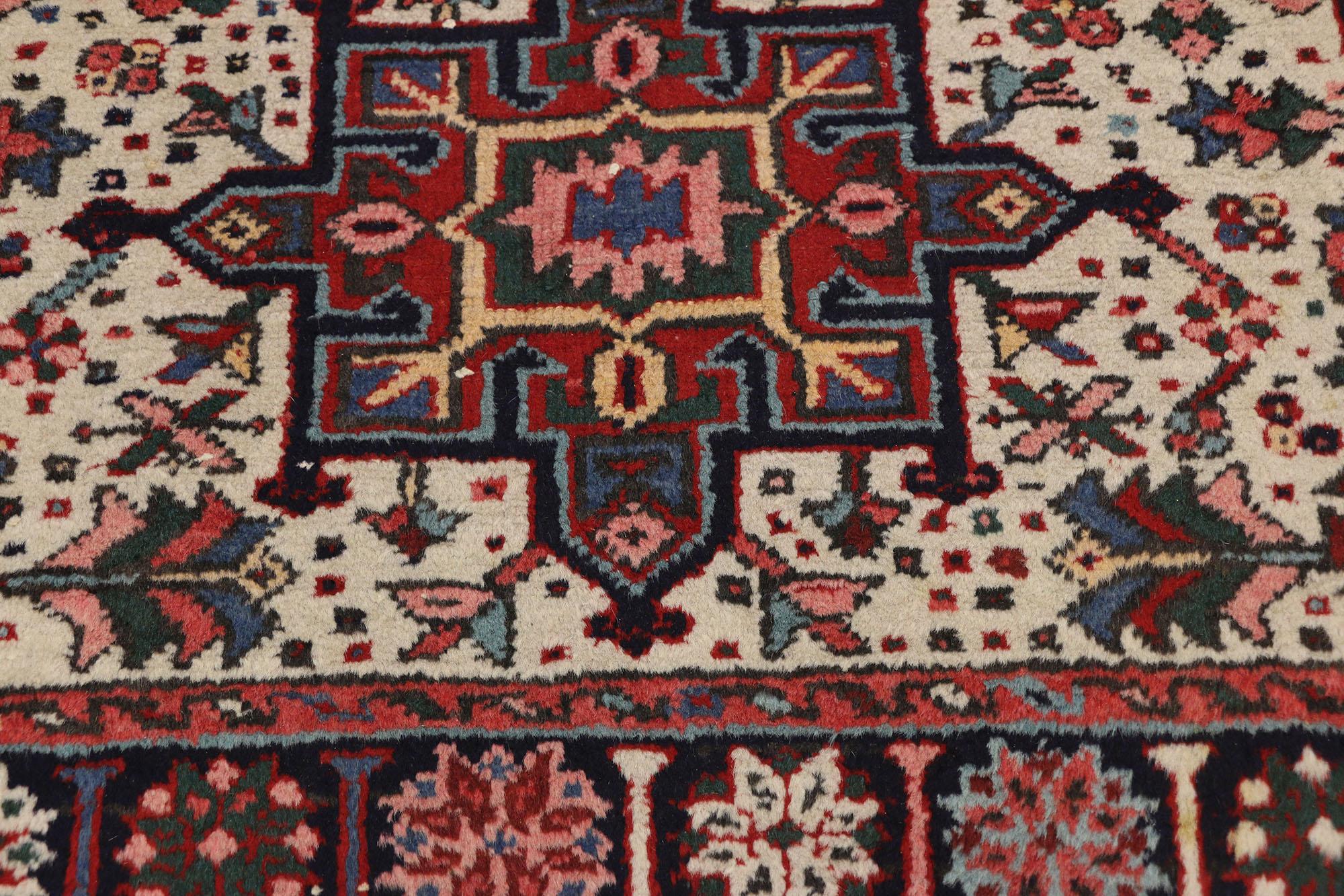 Heriz Serapi Antique Persian Heriz Karaja Rug with Mid-Century Modern Style, Accent Rug For Sale