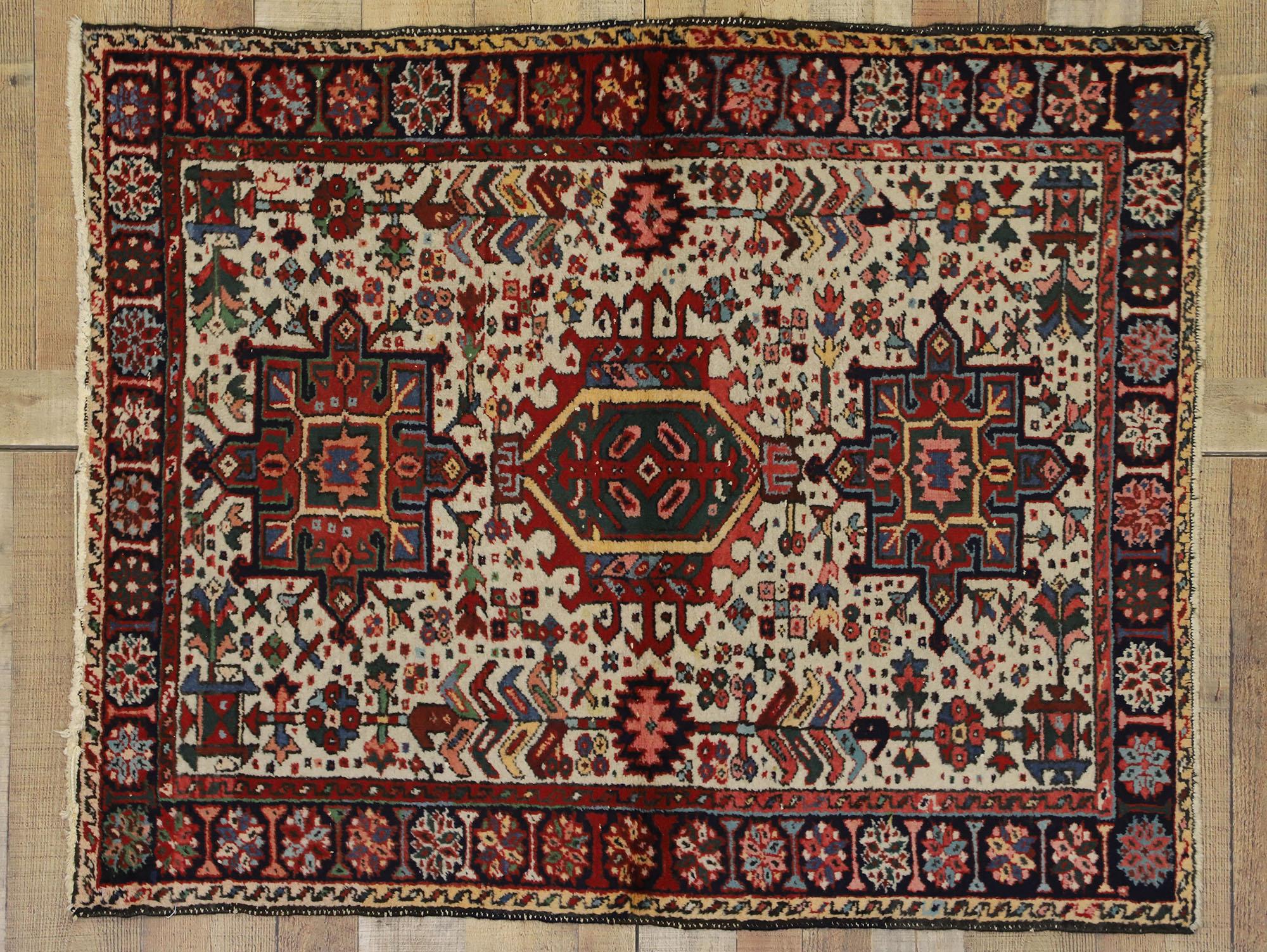Wool Antique Persian Heriz Karaja Rug with Mid-Century Modern Style, Accent Rug For Sale