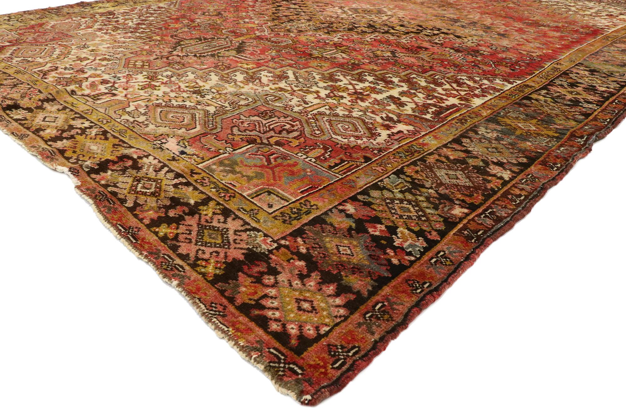 77483, antique Persian Heriz Area rug with Mid-Century Modern style. With timeless appeal, refined colors, and architectural design elements, this hand knotted wool antique Persian Heriz rug can beautifully blend modern, contemporary, and