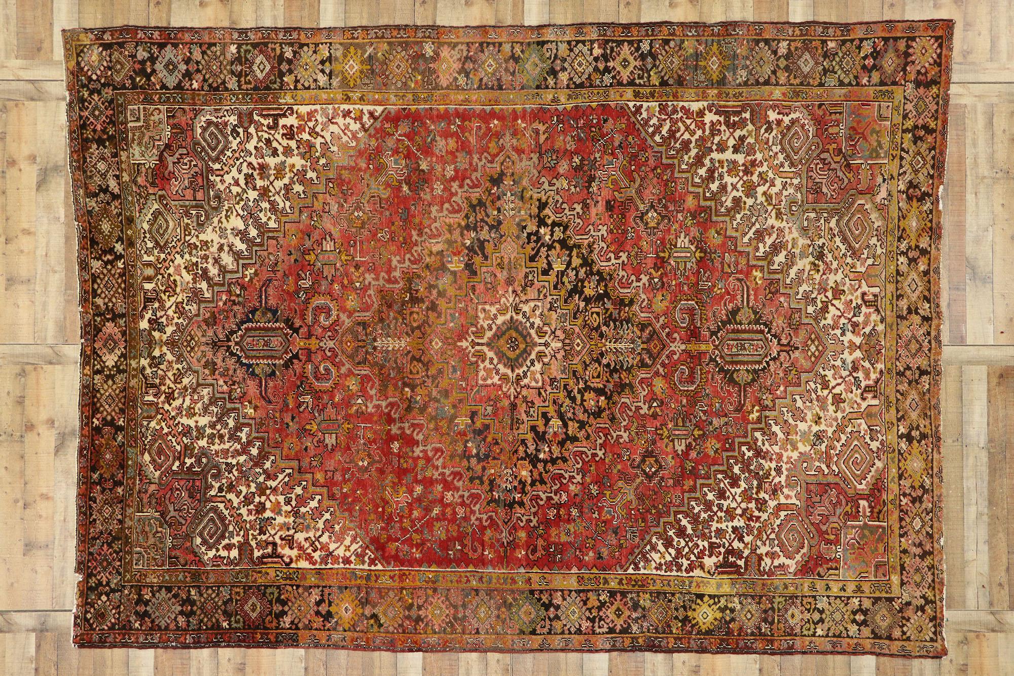 Wool Antique Persian Heriz Area Rug with Mid-Century Modern Style For Sale