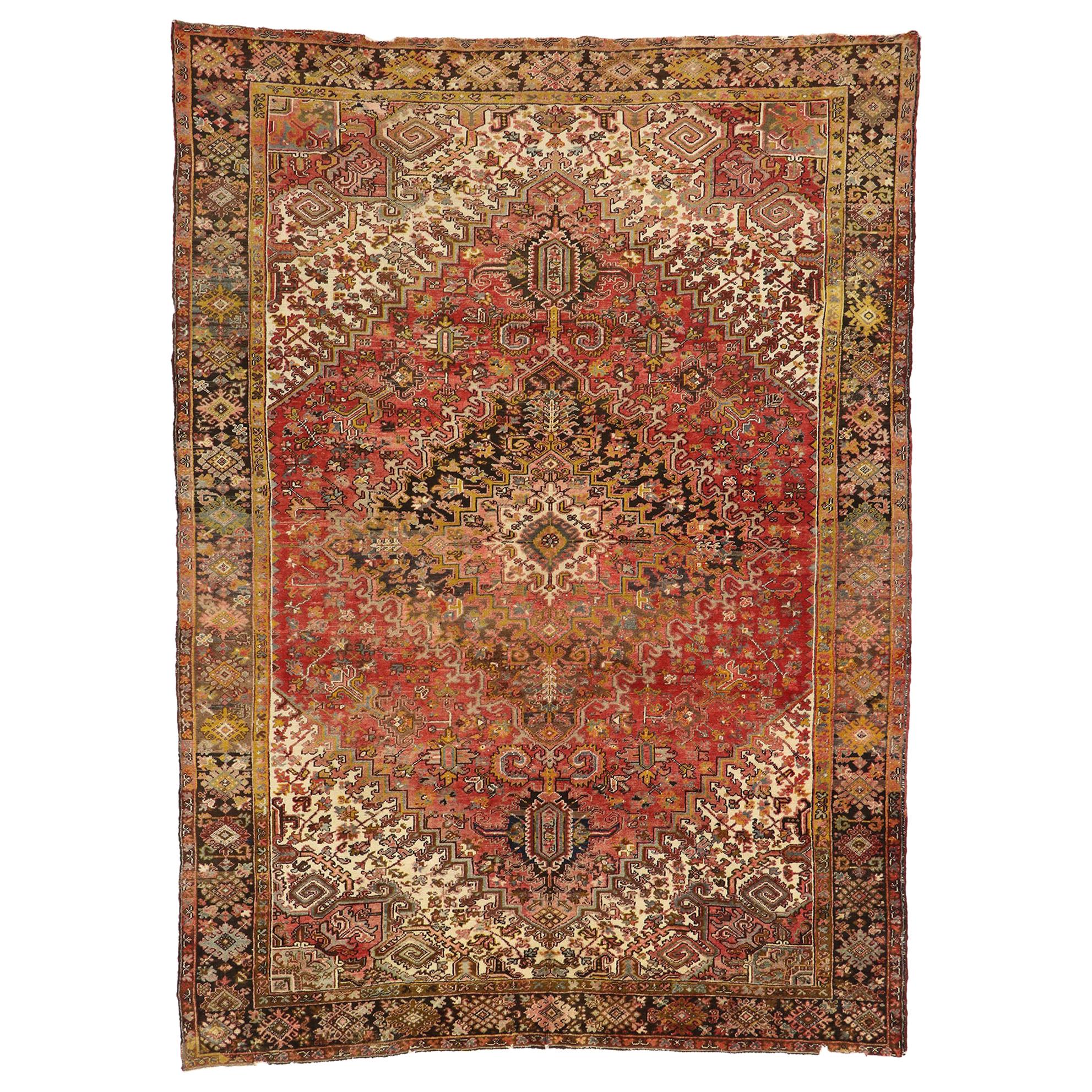 Antique Persian Heriz Area Rug with Mid-Century Modern Style