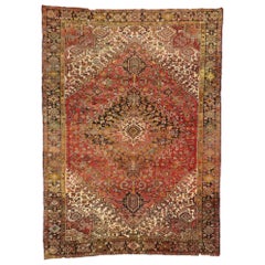 Tapis persan ancien de Heriz avec style moderne du milieu du siècle dernier