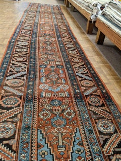 Antique Persian Heriz Bakshaish, Rust-light blue, Wool, 1915, runner 2-10x14-10