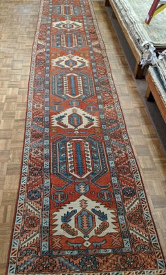 Antique Persian Heriz Bakshaish, Rust-teal blue, Wool, 1910, runner 3-4x15-1