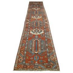 Antique Persian Heriz Bakshaish, Rust-teal blue, Wool, 1910, runner 3-4x15-1
