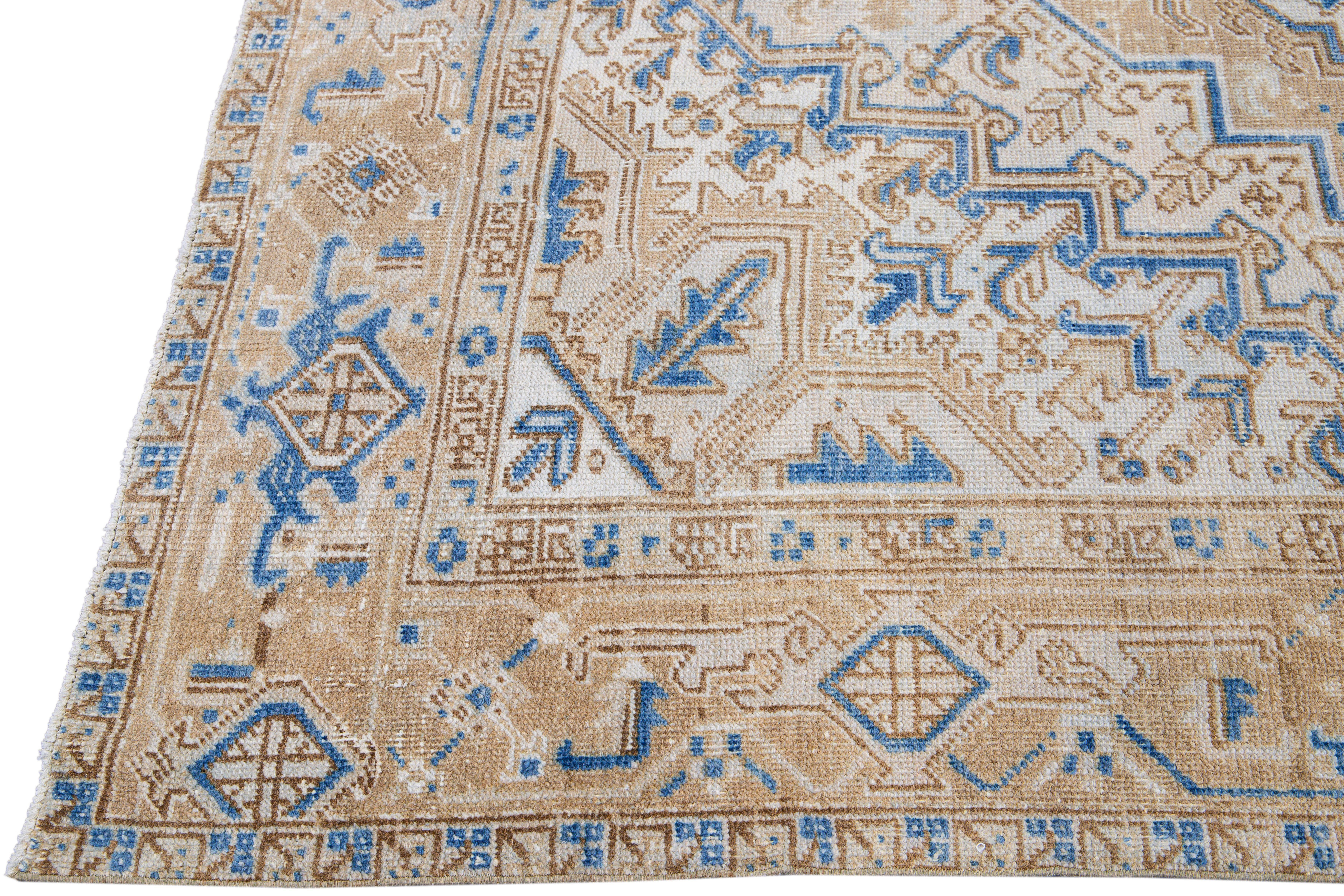 Hand-Knotted Antique Persian Heriz Beige and Blue Handmade Medallion Designed Wool Rug For Sale
